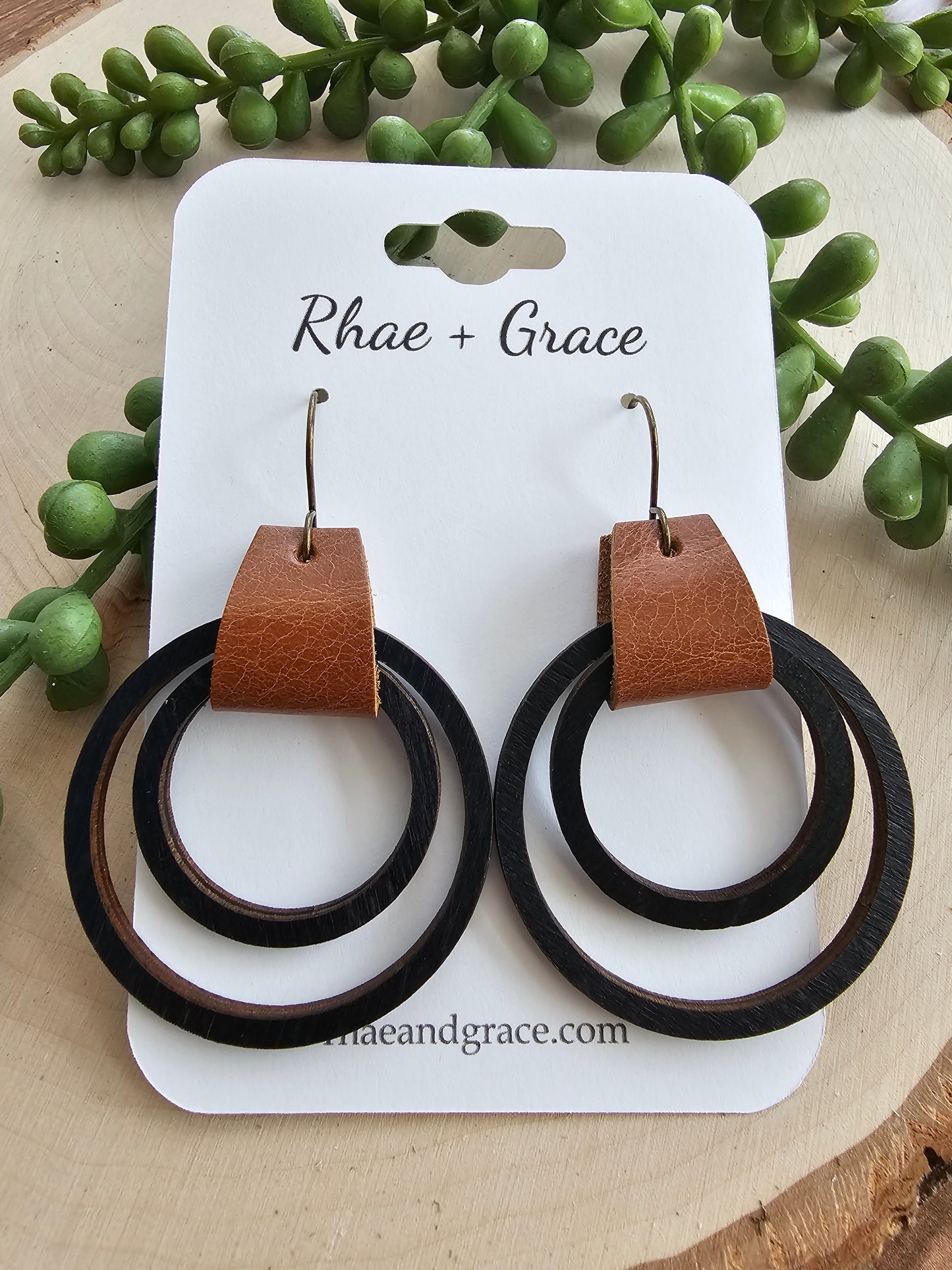 Black & Saddle Brown Leather & Wood Hoop Earrings