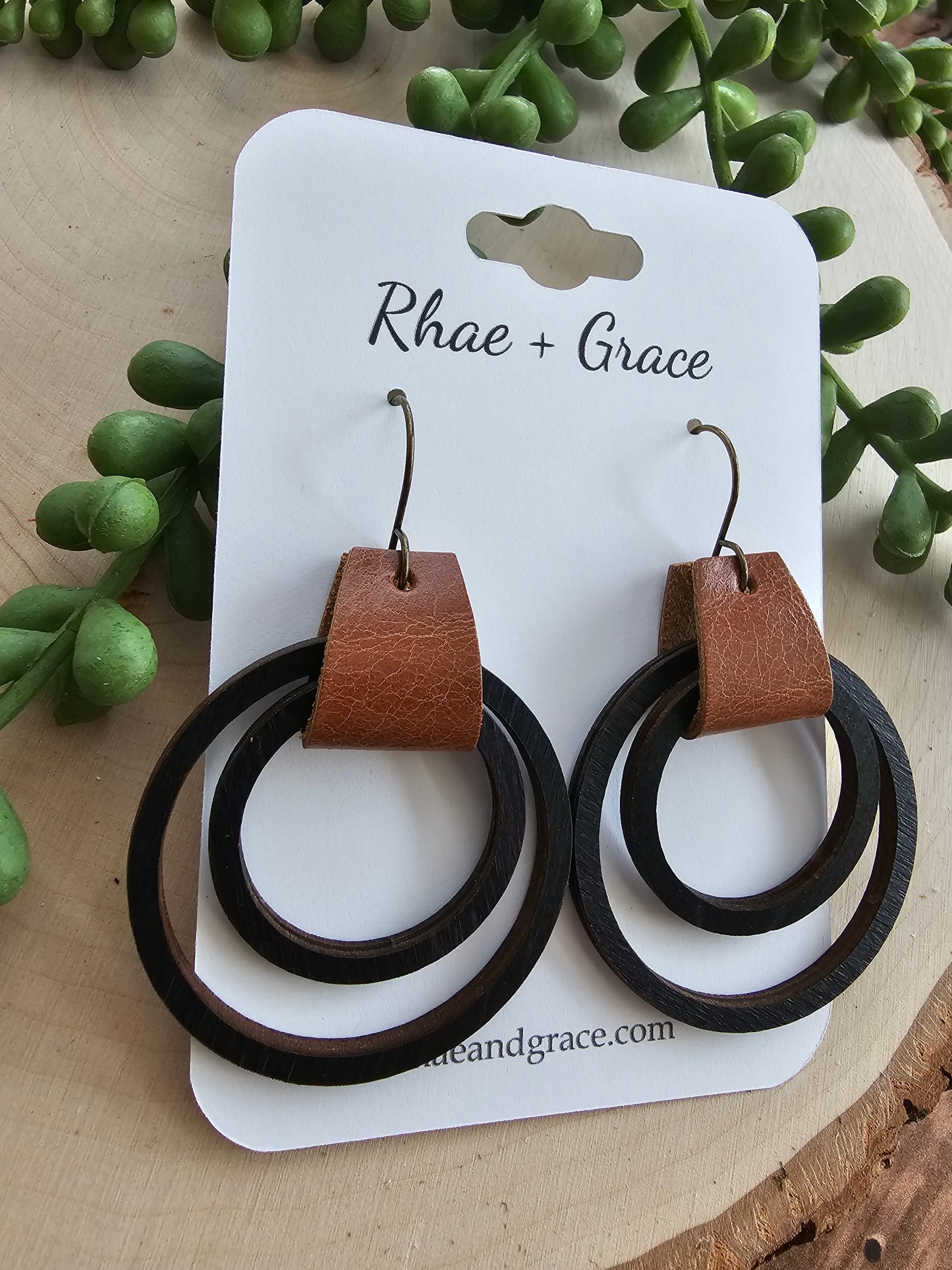 Black & Saddle Brown Leather & Wood Hoop Earrings