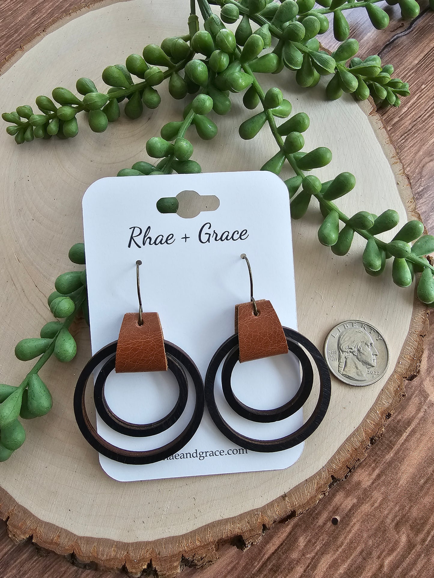 Black & Saddle Brown Leather & Wood Hoop Earrings