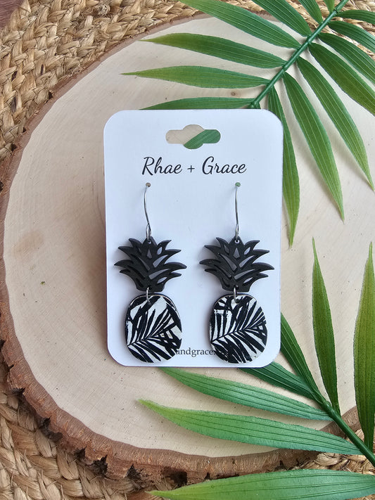 Monochrome Palms Pineapple Earrings