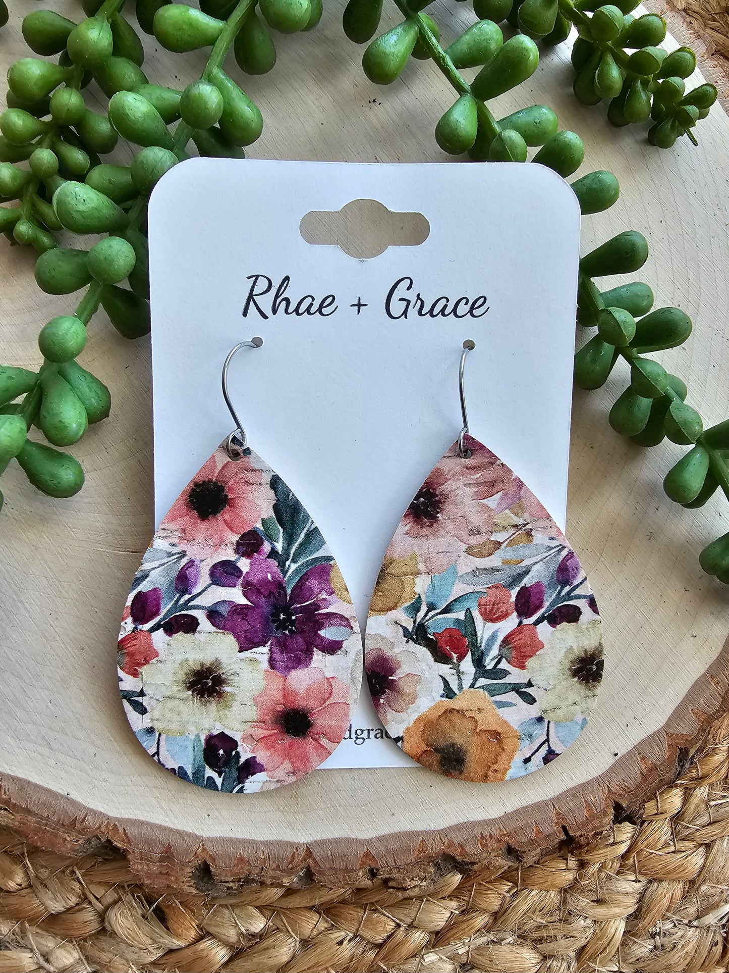 Watercolor Plum Bouquet Teardrop Earrings - Large