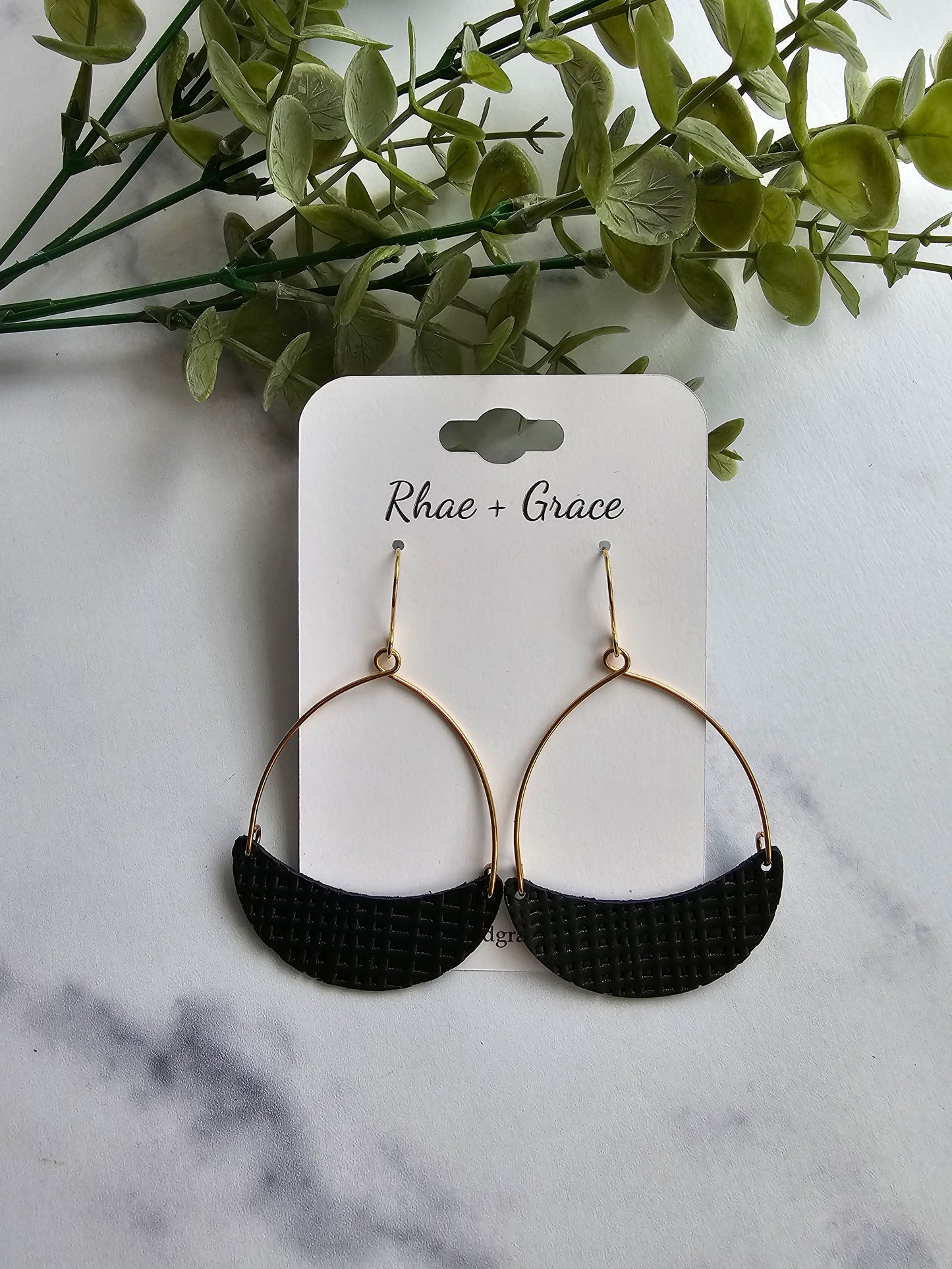 Black Embossed Linen Crescent Hoop Leather Earrings