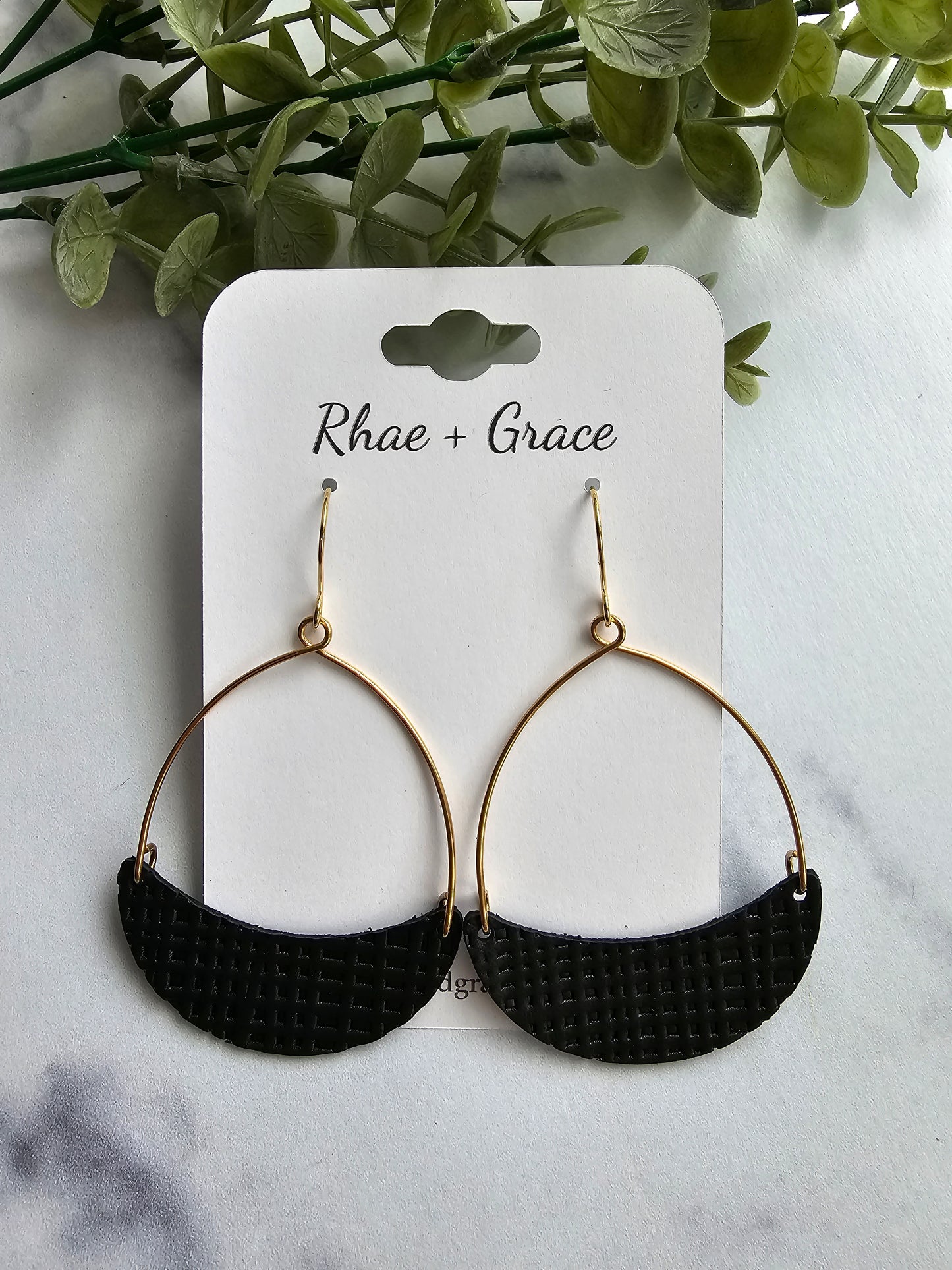 Black Embossed Linen Crescent Hoop Leather Earrings