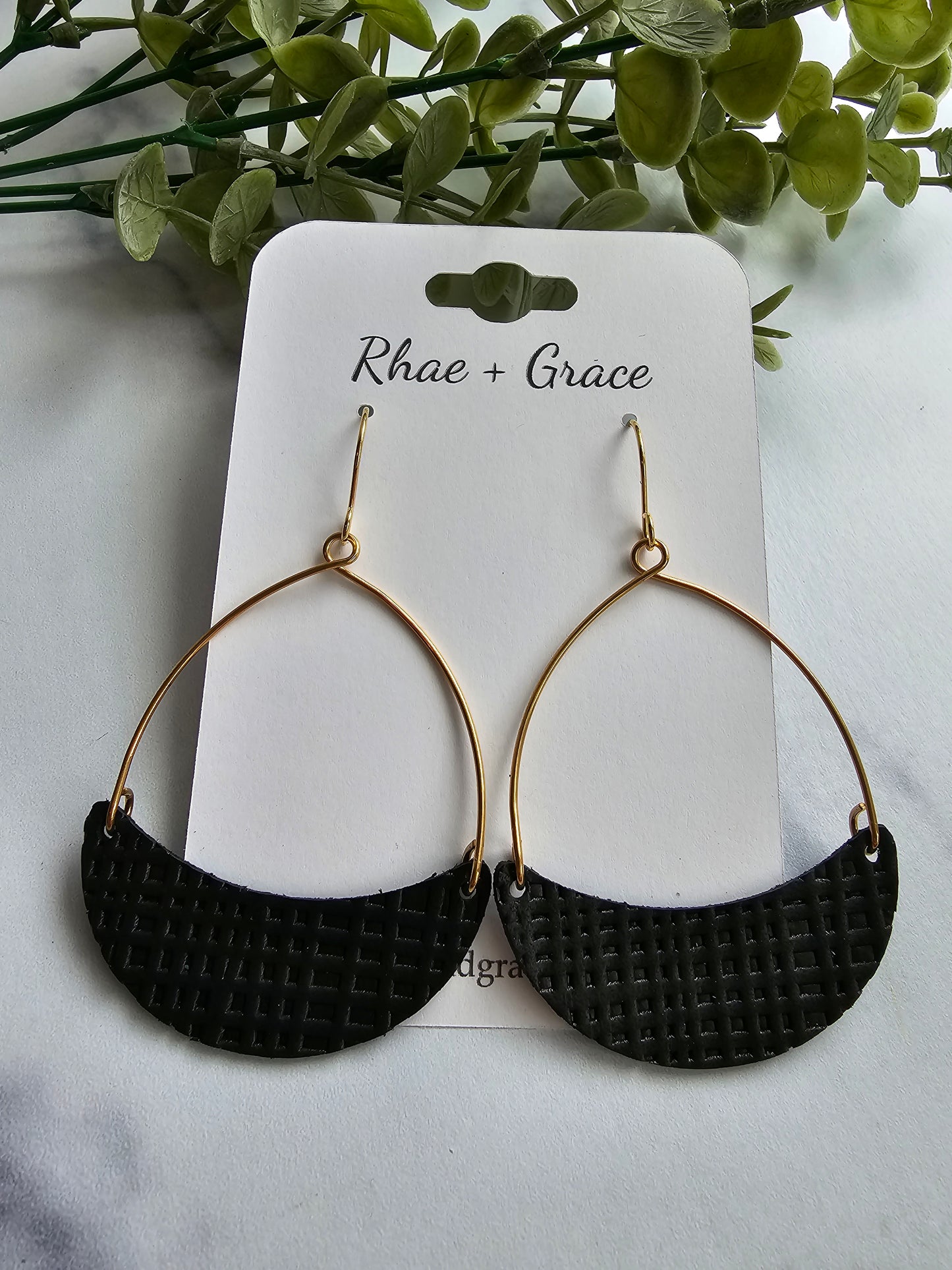 Black Embossed Linen Crescent Hoop Leather Earrings