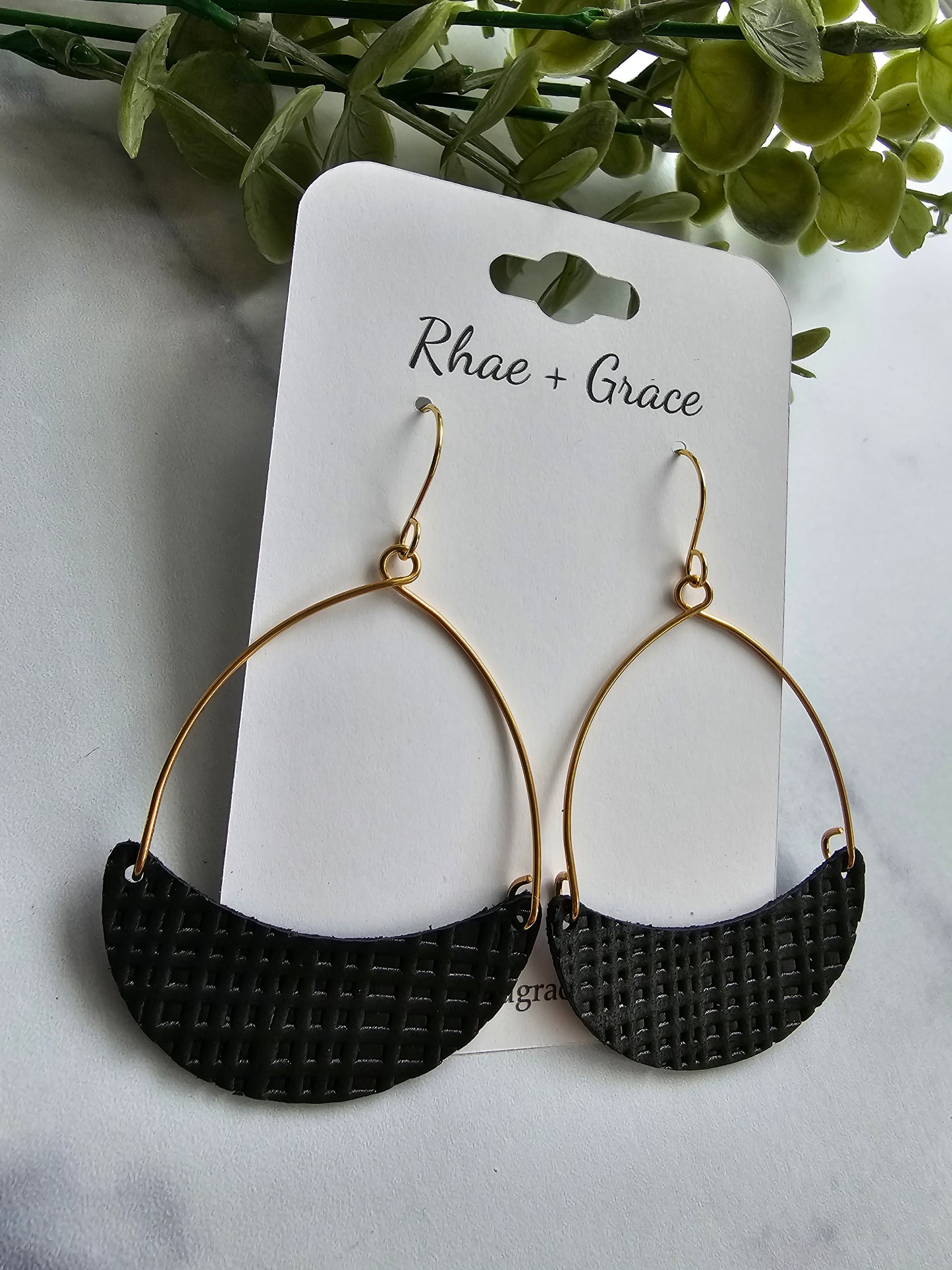 Black Embossed Linen Crescent Hoop Leather Earrings