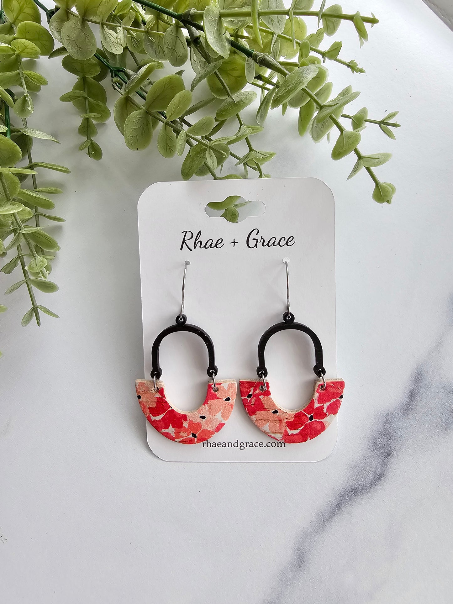 Coral & Pink Vinca Floral Inverted Arch Earrings