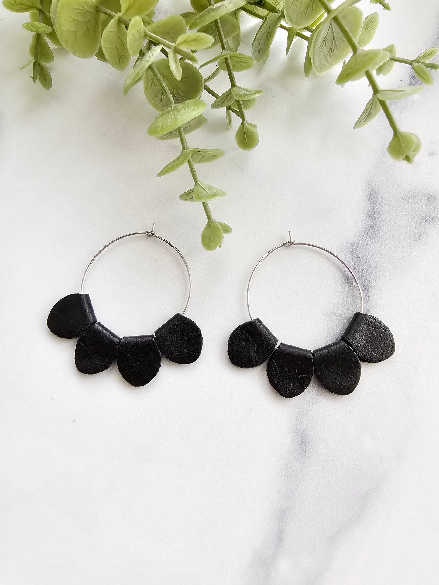 Black Leather Petal Hoop Earrings