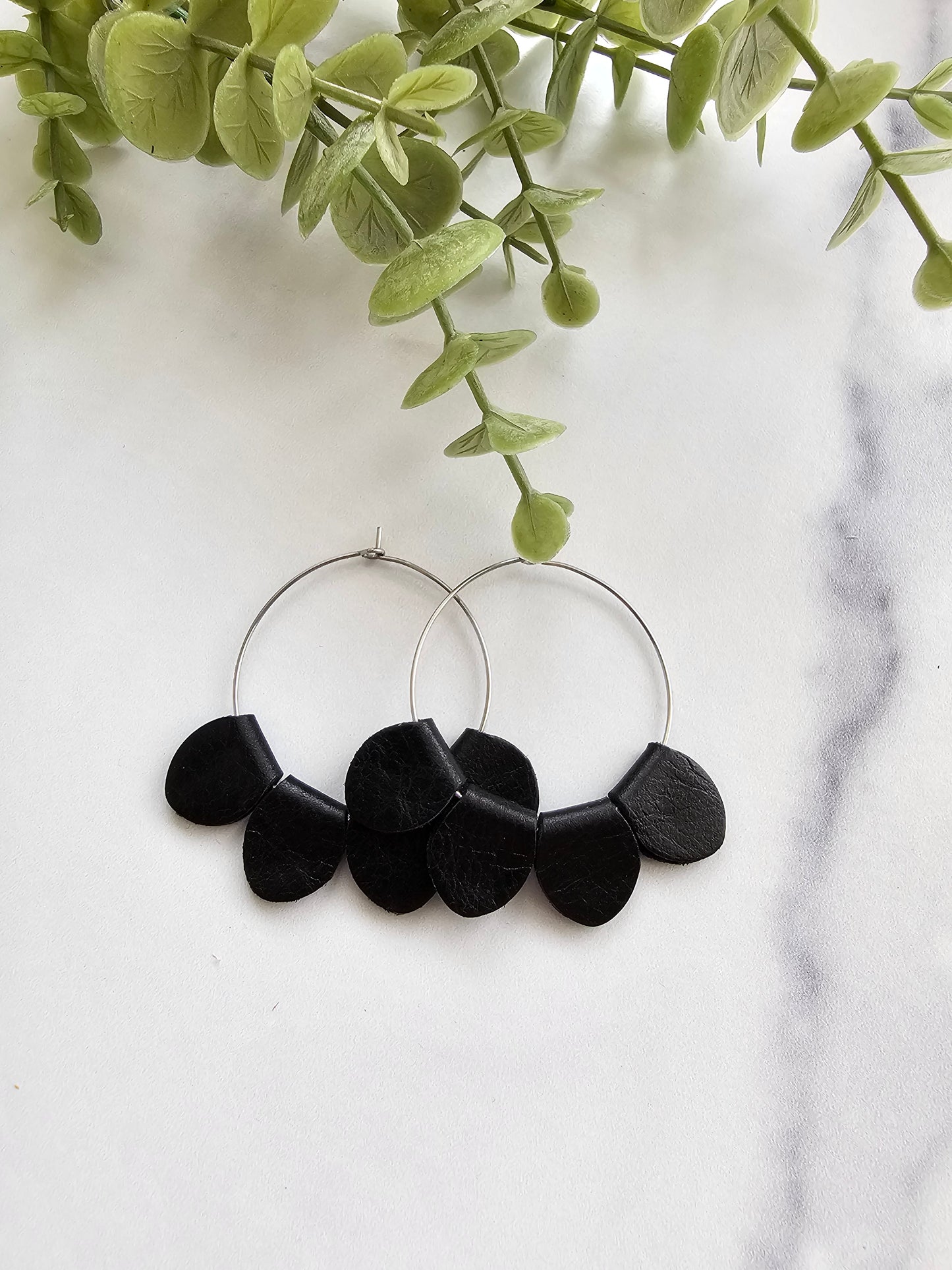 Black Leather Petal Hoop Earrings