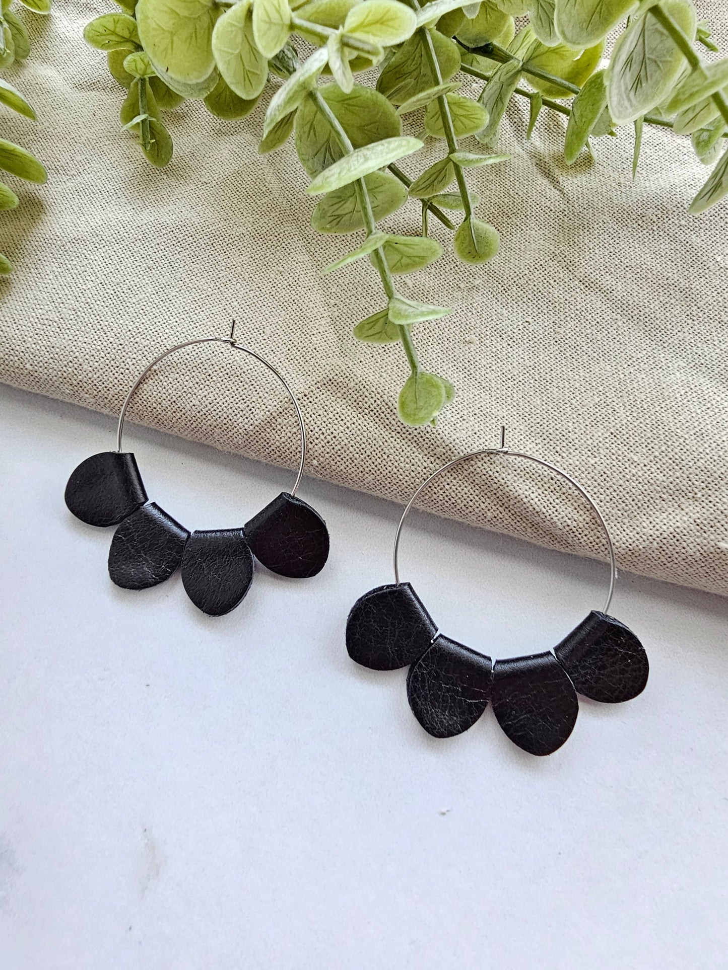 Black Leather Petal Hoop Earrings