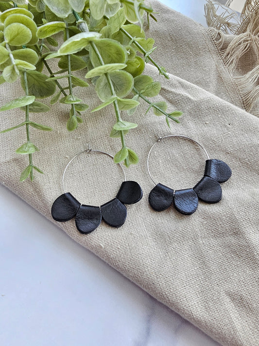 Black Leather Petal Hoop Earrings