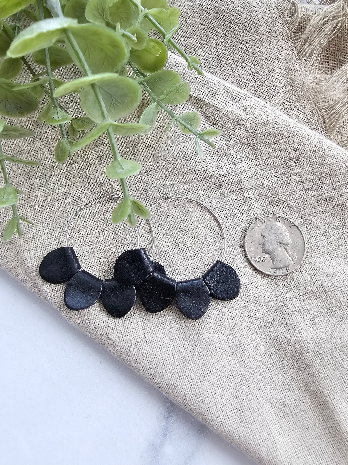 Black Leather Petal Hoop Earrings