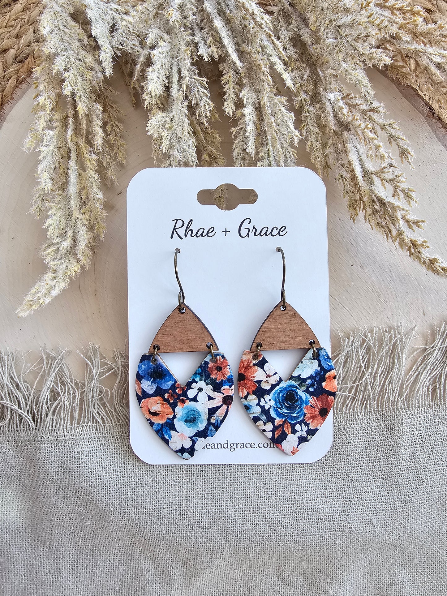 Navy Blue Vintage Floral Swoop Earrings