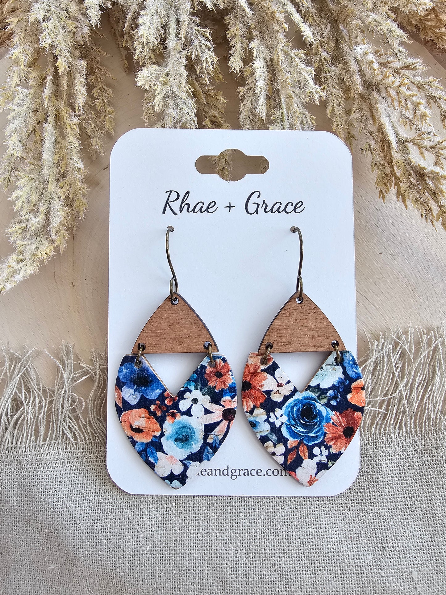 Navy Blue Vintage Floral Swoop Earrings