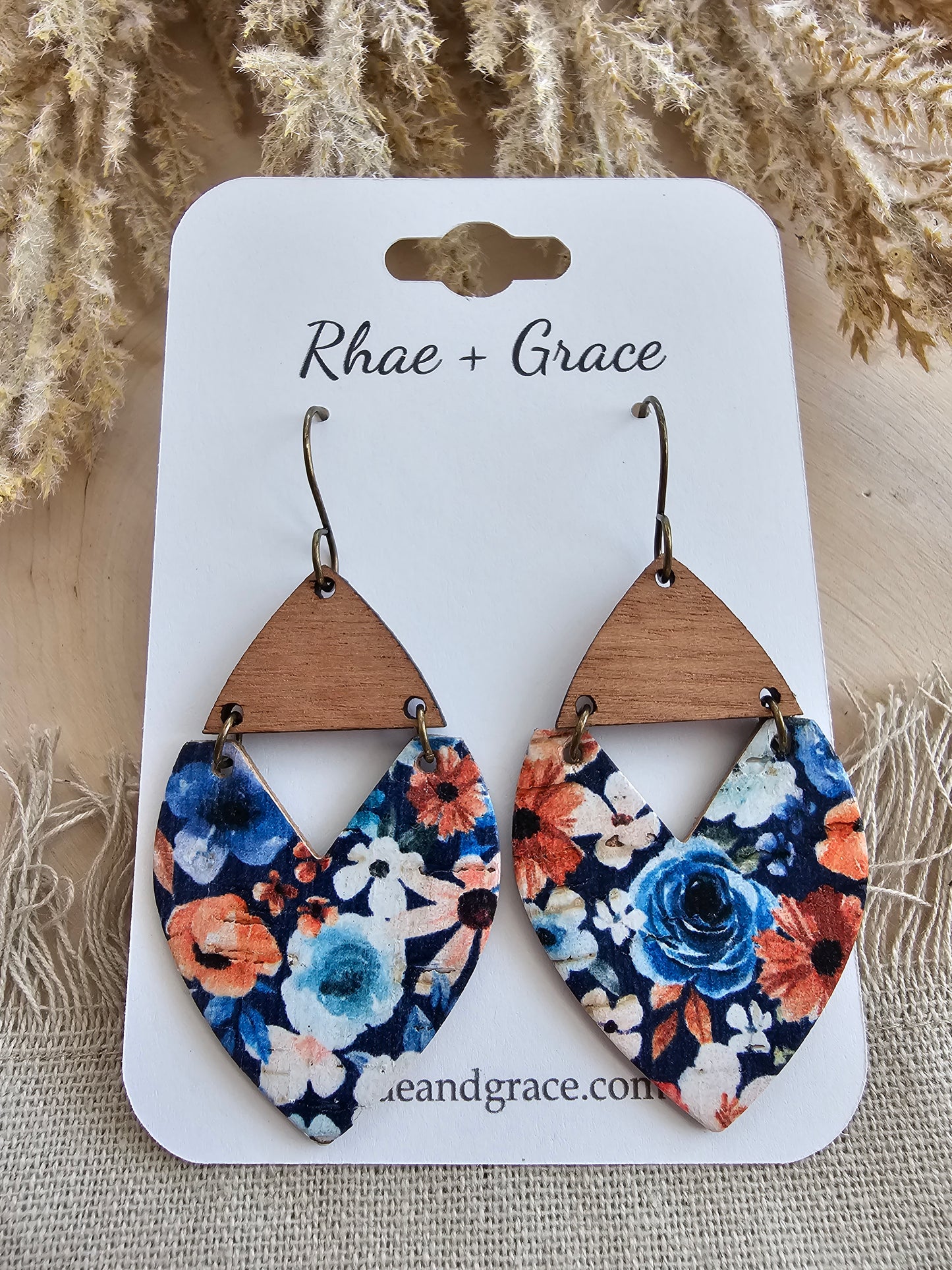 Navy Blue Vintage Floral Swoop Earrings