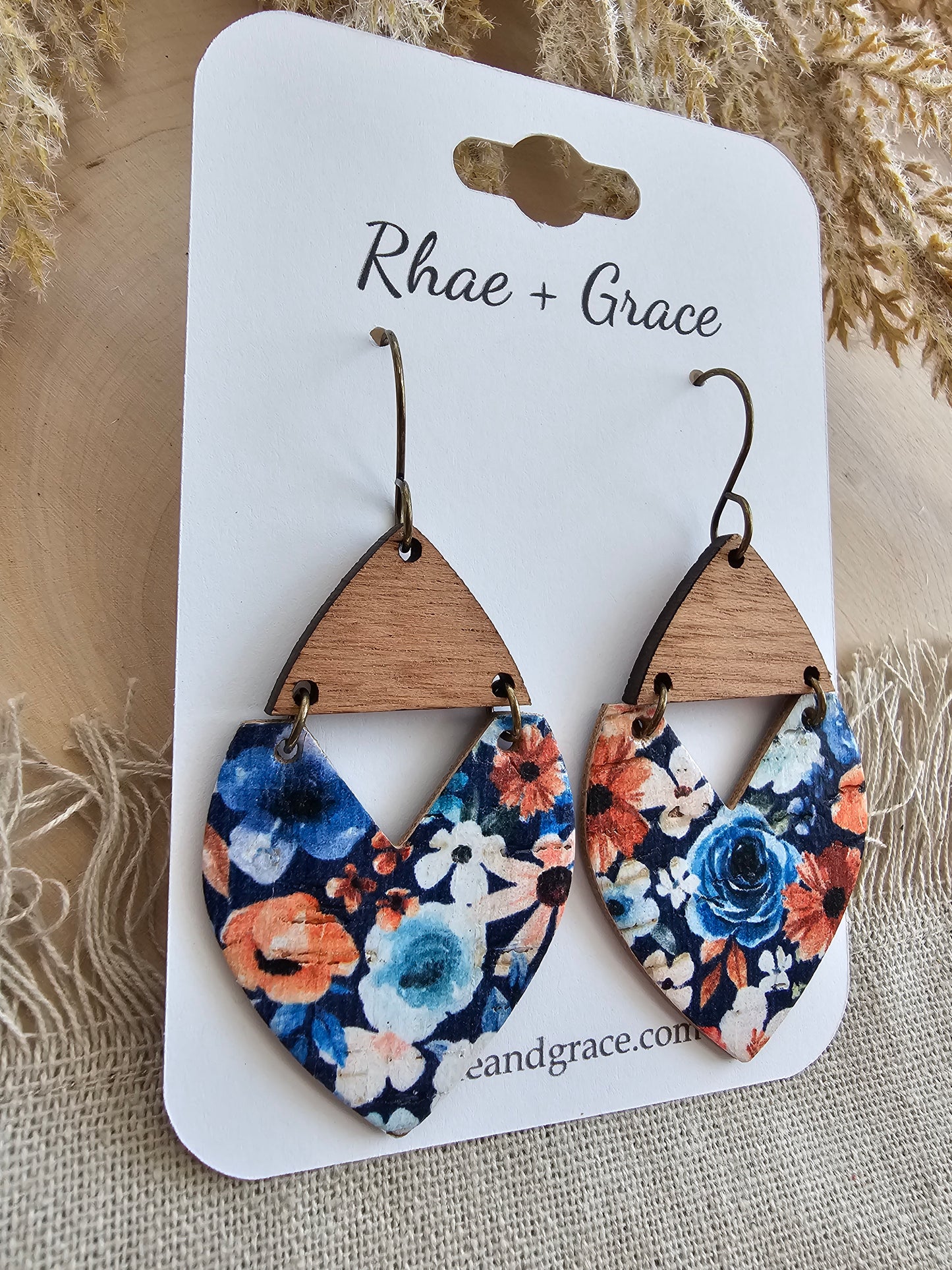 Navy Blue Vintage Floral Swoop Earrings