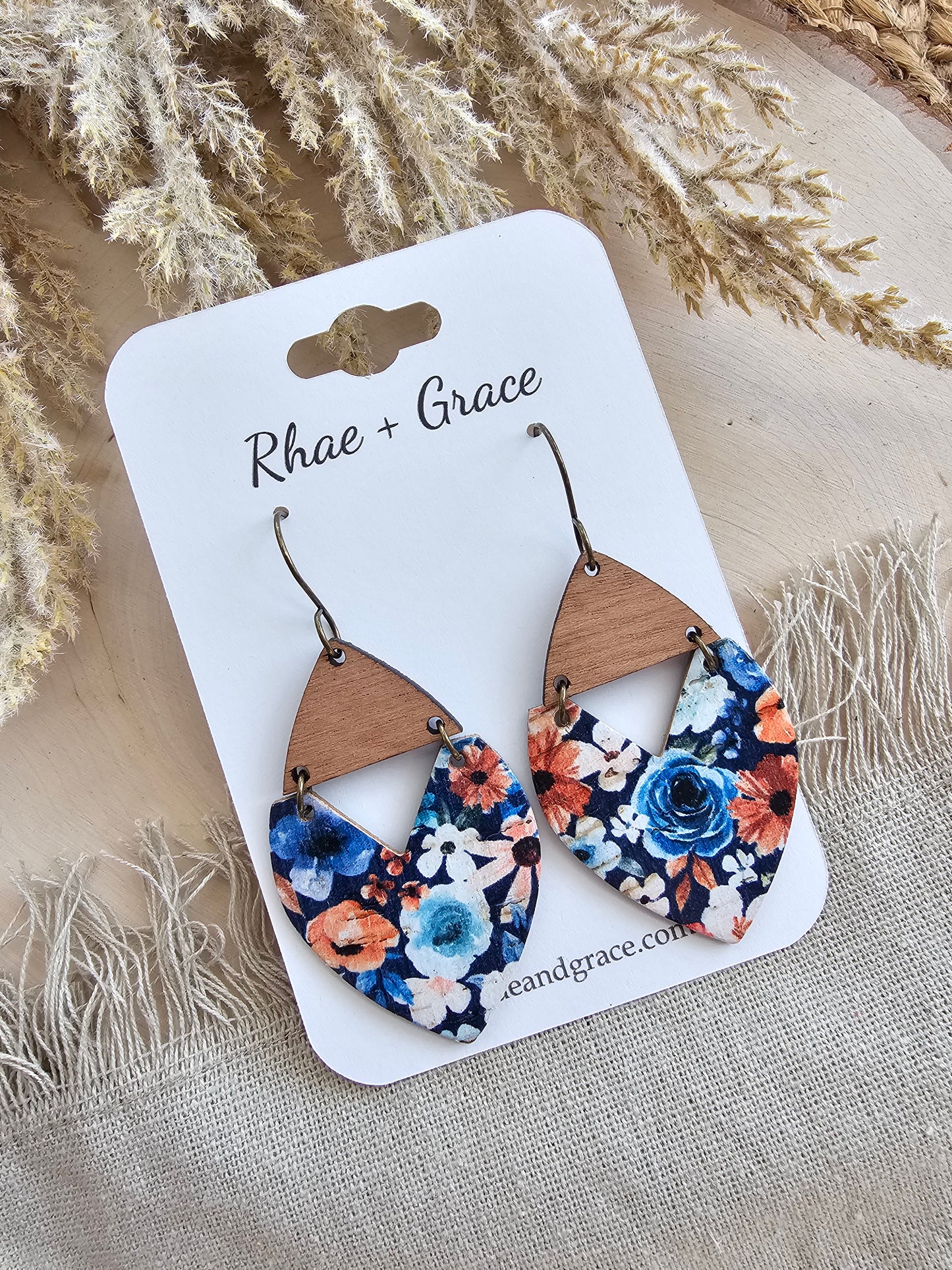 Navy Blue Vintage Floral Swoop Earrings