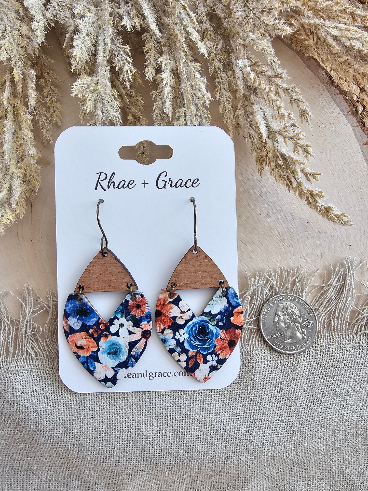 Navy Blue Vintage Floral Swoop Earrings