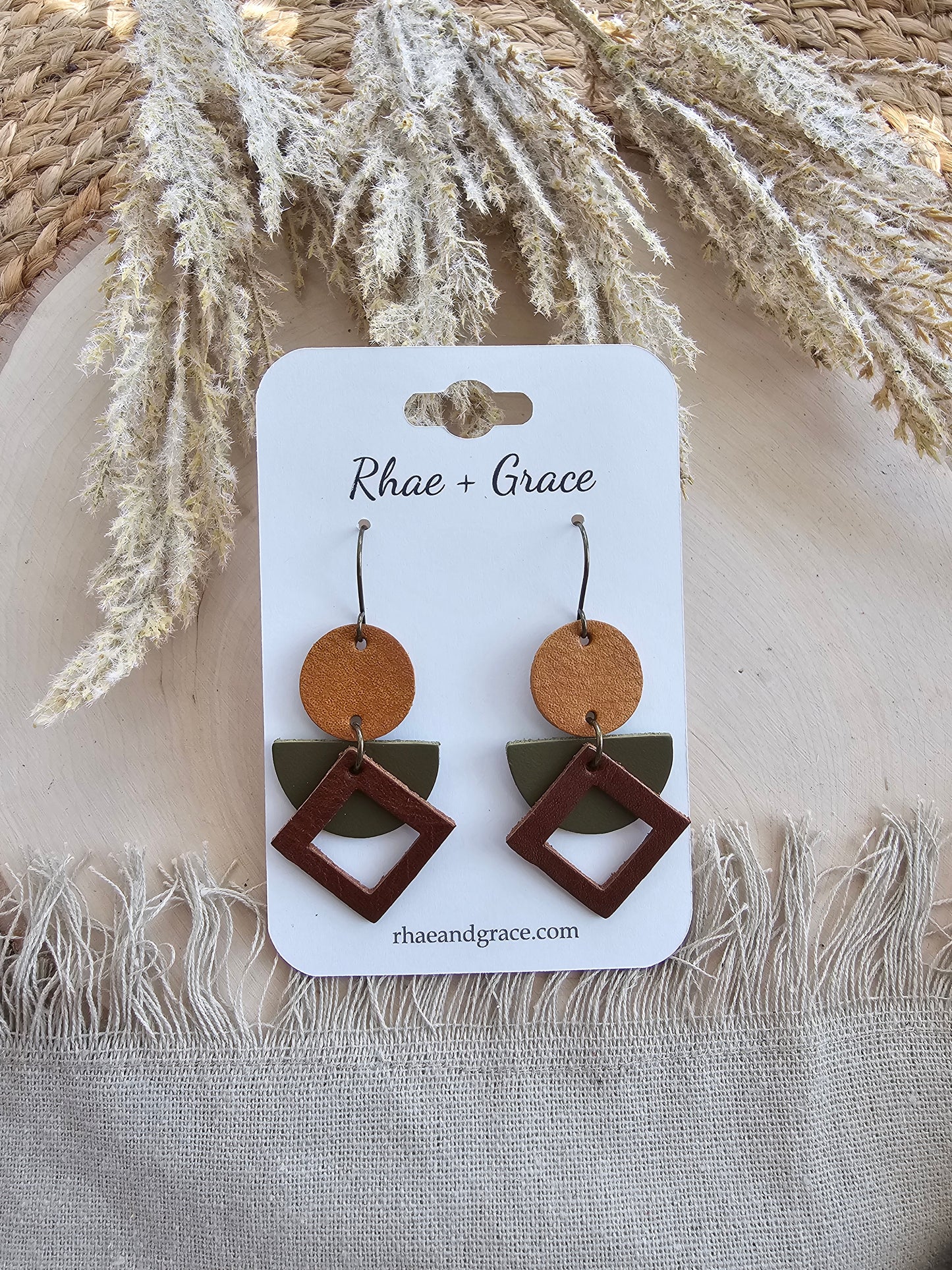 Olive Green & Brown Geometric Earrings