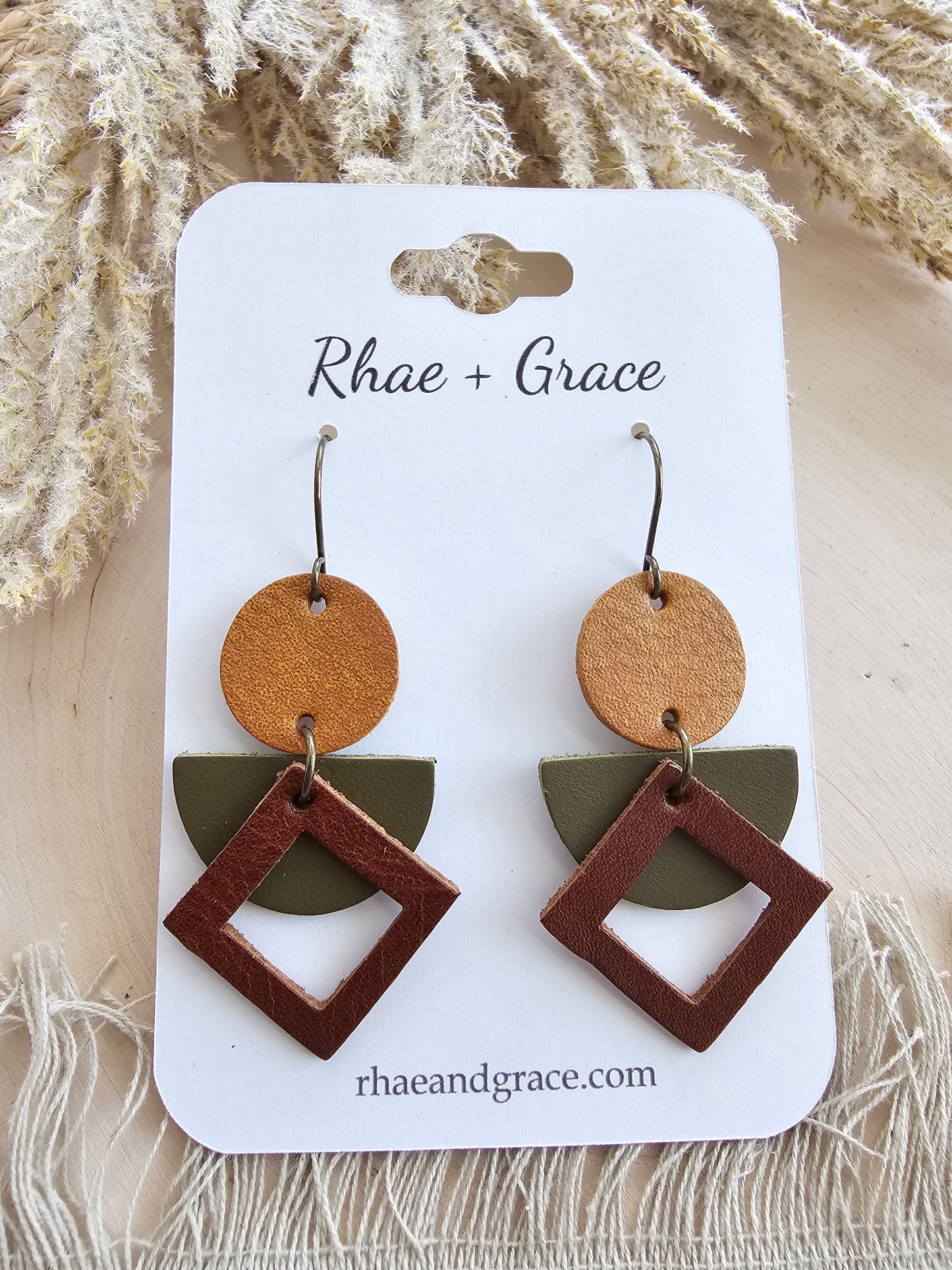 Olive Green & Brown Geometric Earrings