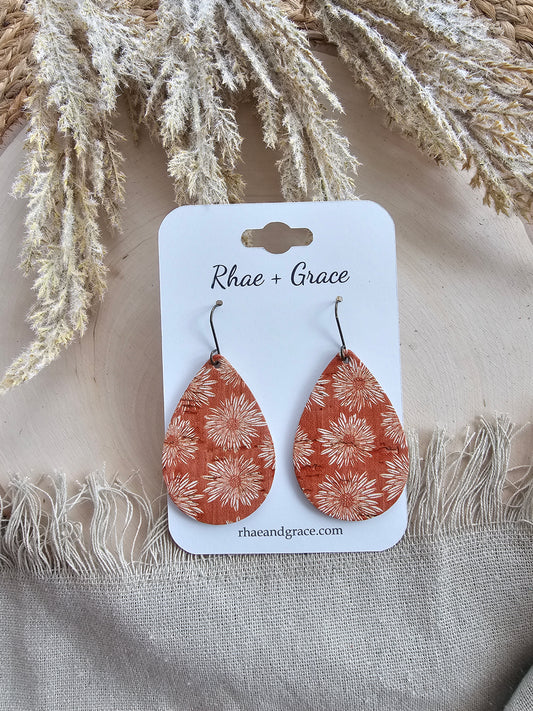 Burnt Orange Autumn Dahlias Teardrop Earrings - Medium