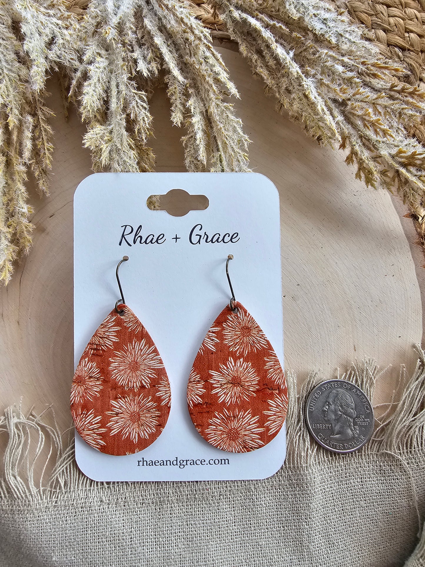 Burnt Orange Autumn Dahlias Teardrop Earrings - Medium