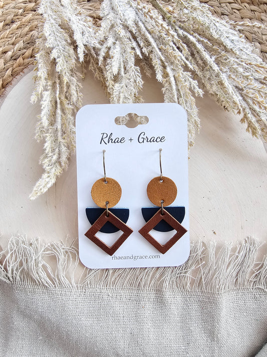 Navy Blue & Brown Geometric Earrings