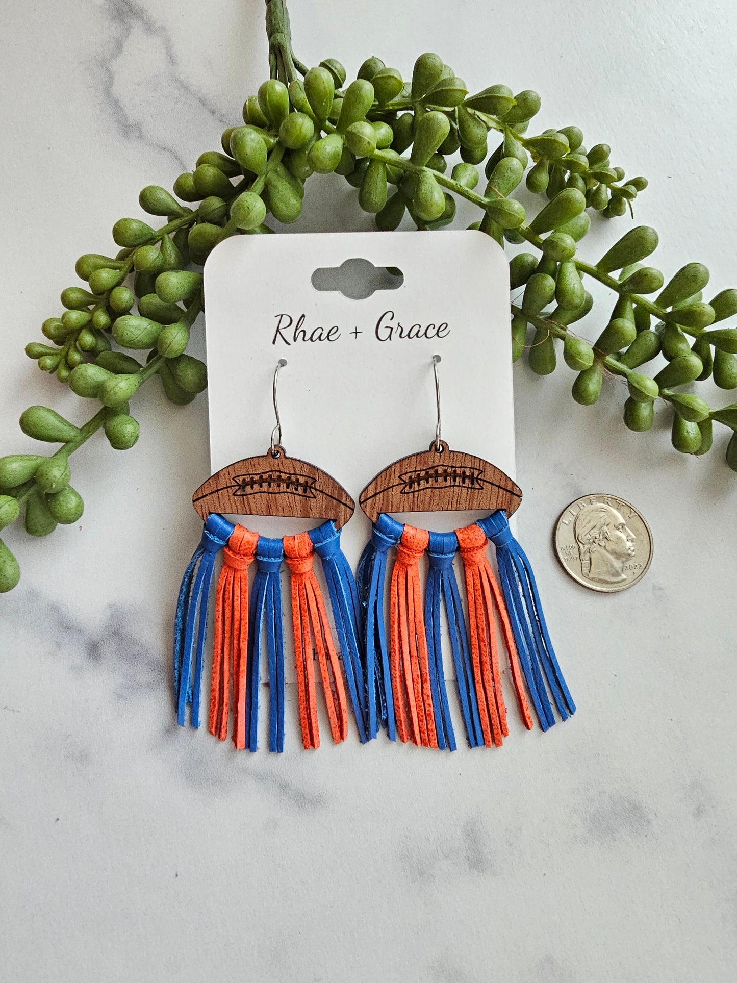 Royal Blue & Orange Fringe Football Statement Earrings