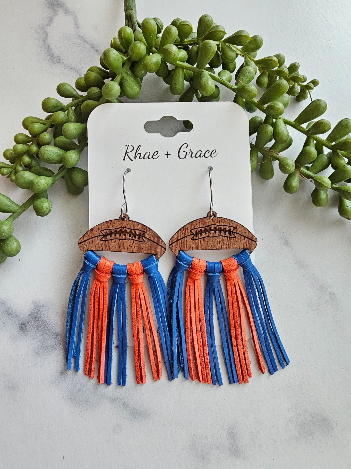 Royal Blue & Orange Fringe Football Statement Earrings