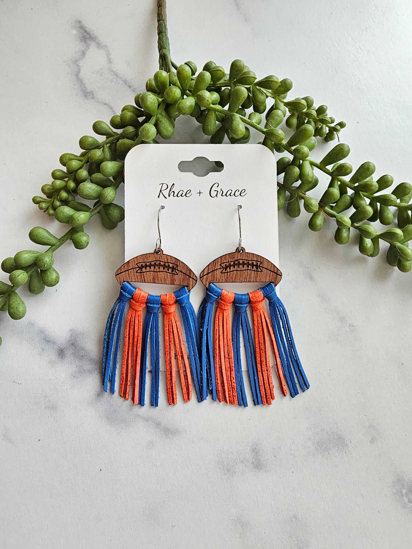 Royal Blue & Orange Fringe Football Statement Earrings