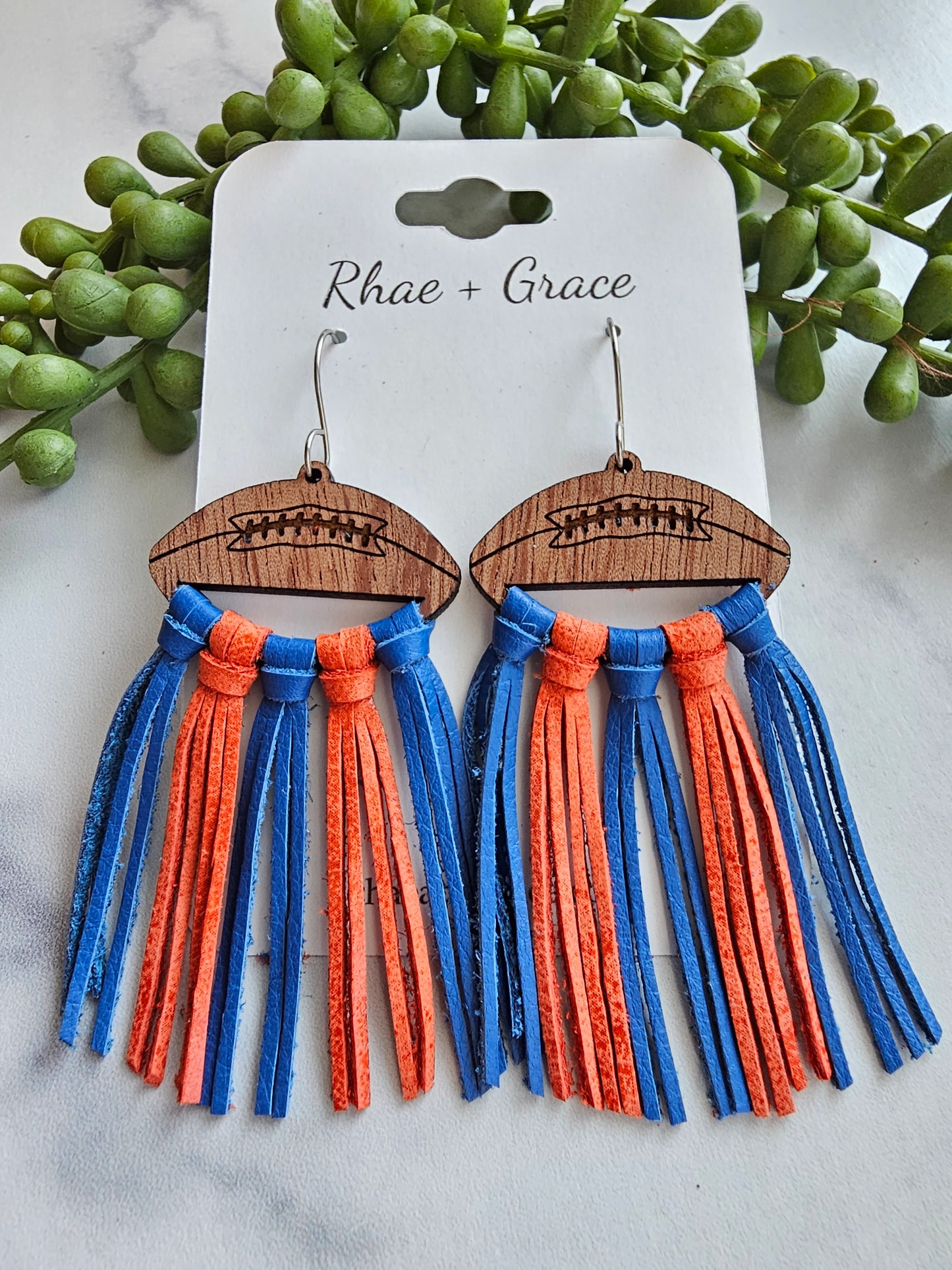 Royal Blue & Orange Fringe Football Statement Earrings