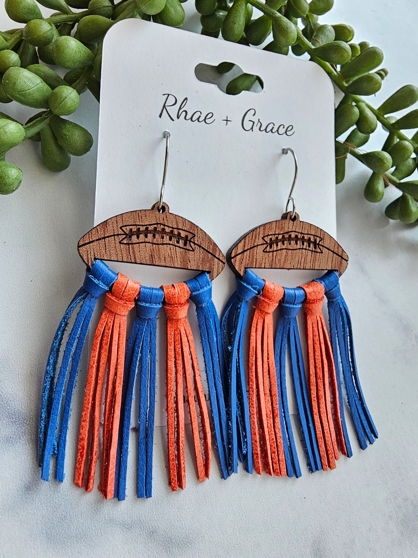 Royal Blue & Orange Fringe Football Statement Earrings