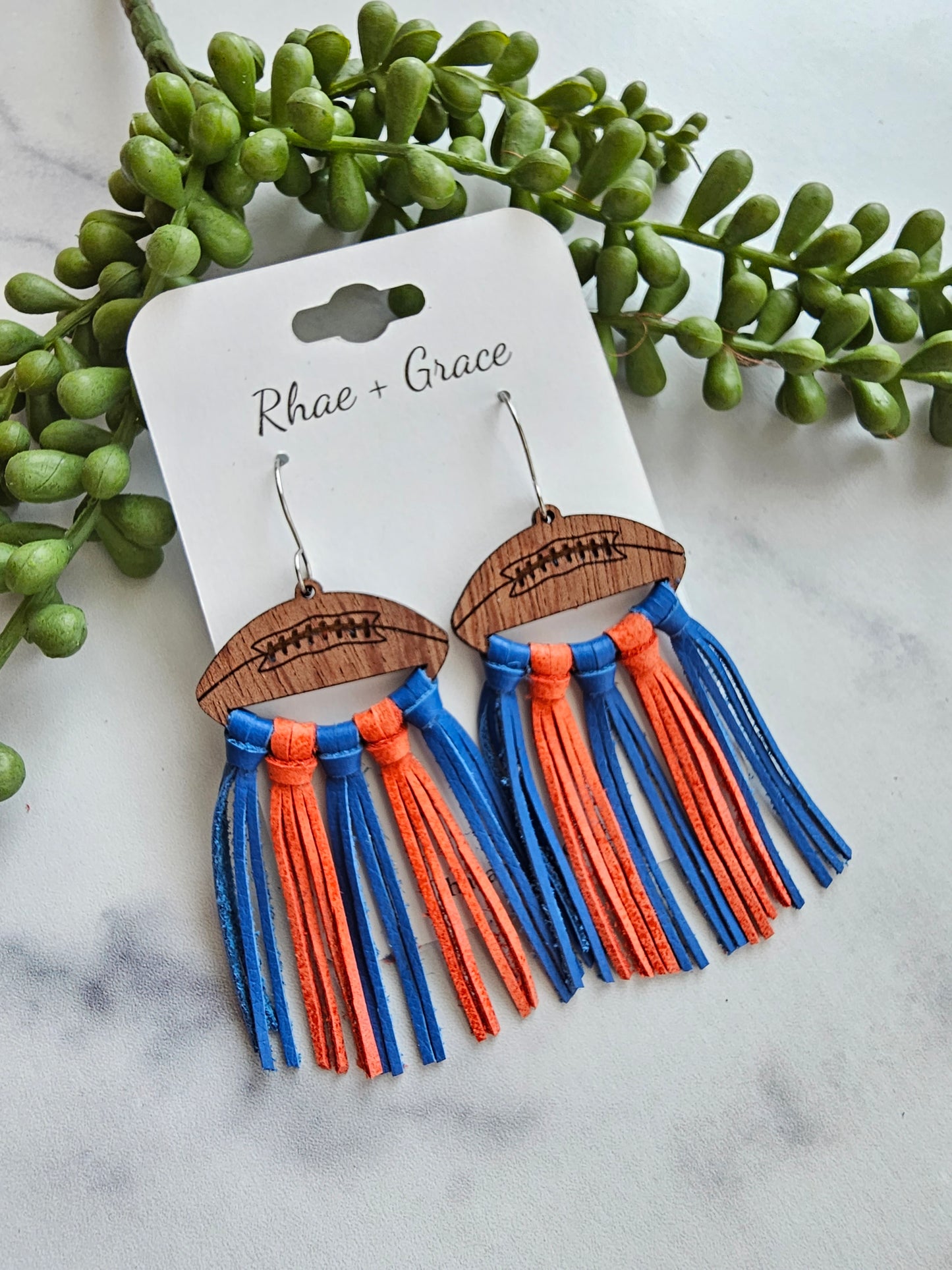 Royal Blue & Orange Fringe Football Statement Earrings