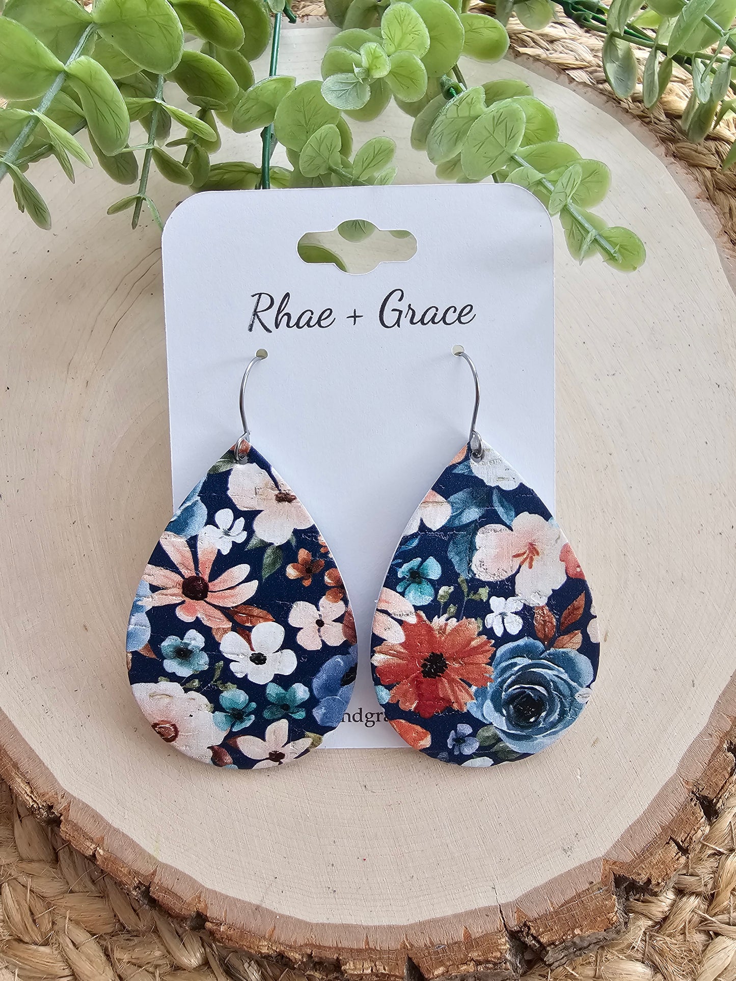 Navy Blue Vintage Floral Teardrop Earrings - Large (2.5")