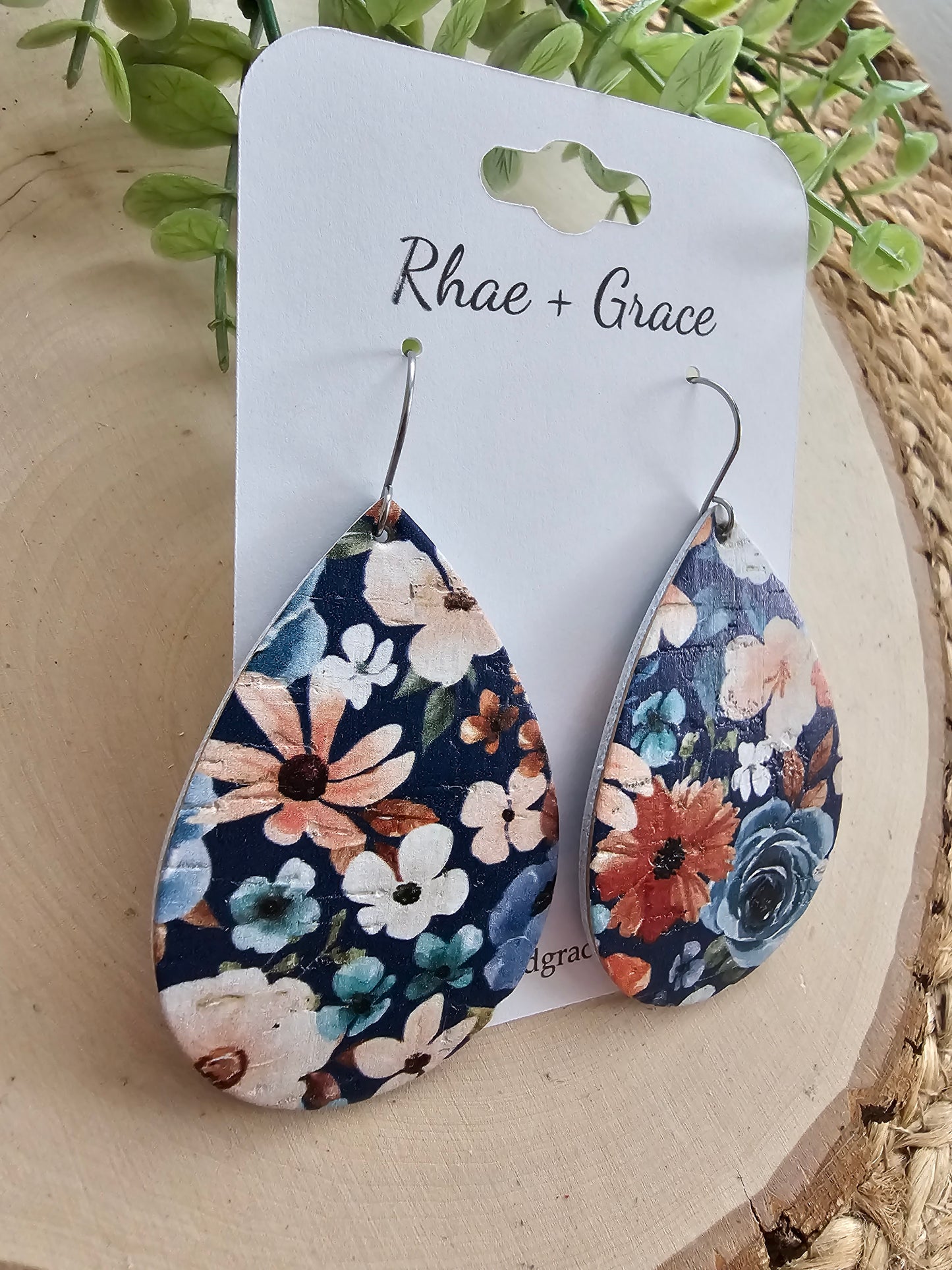 Navy Blue Vintage Floral Teardrop Earrings - Large (2.5")