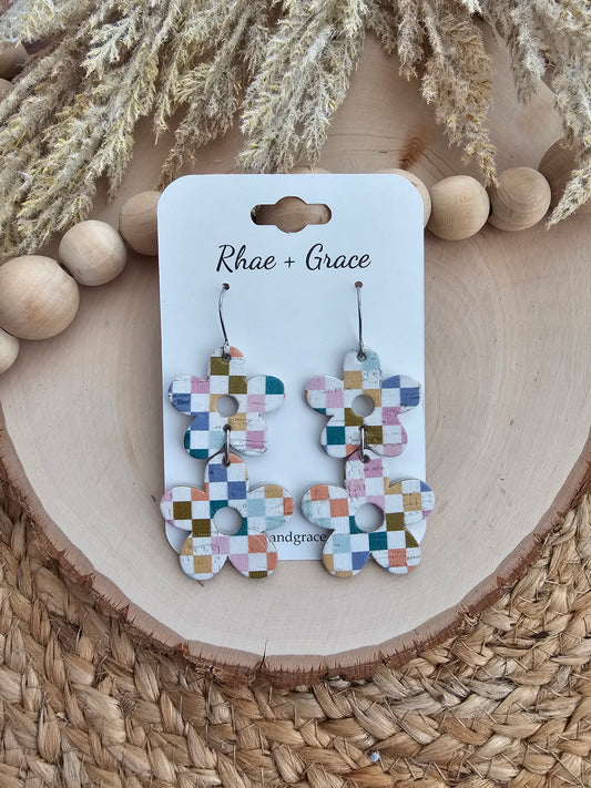 Colorful Checkered Stacked Flower Earrings