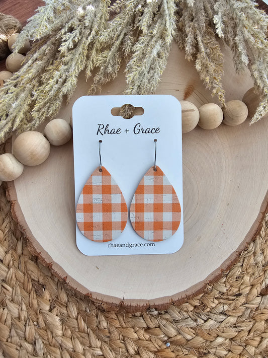 Orange & White Buffalo Plaid Teardrop Earrings - Medium
