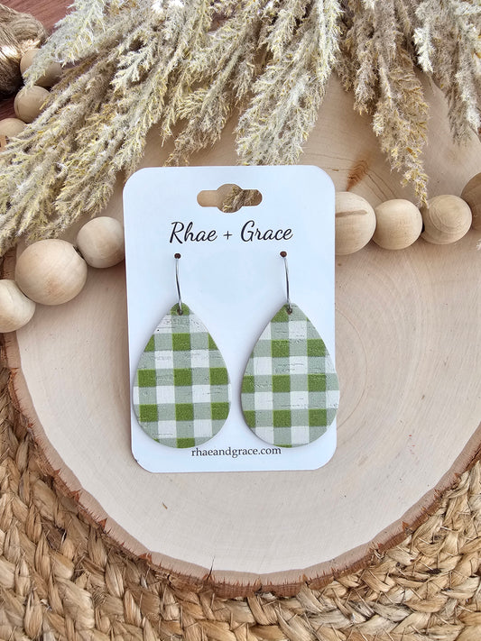 Light Olive & White Buffalo Plaid Teardrop Earrings - Medium