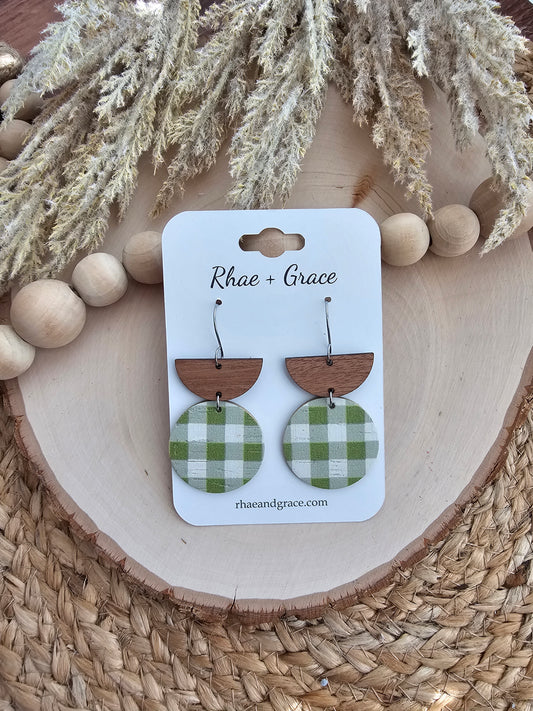 Light Olive Green Gingham Circle Earrings