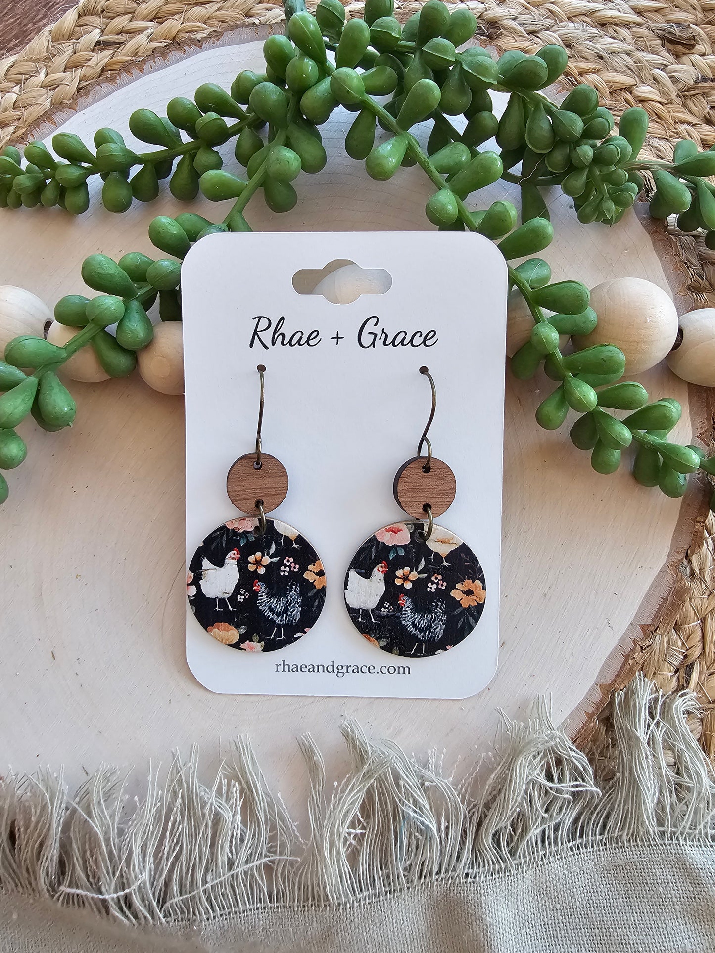 Floral Chicken Circle Drop Earrings