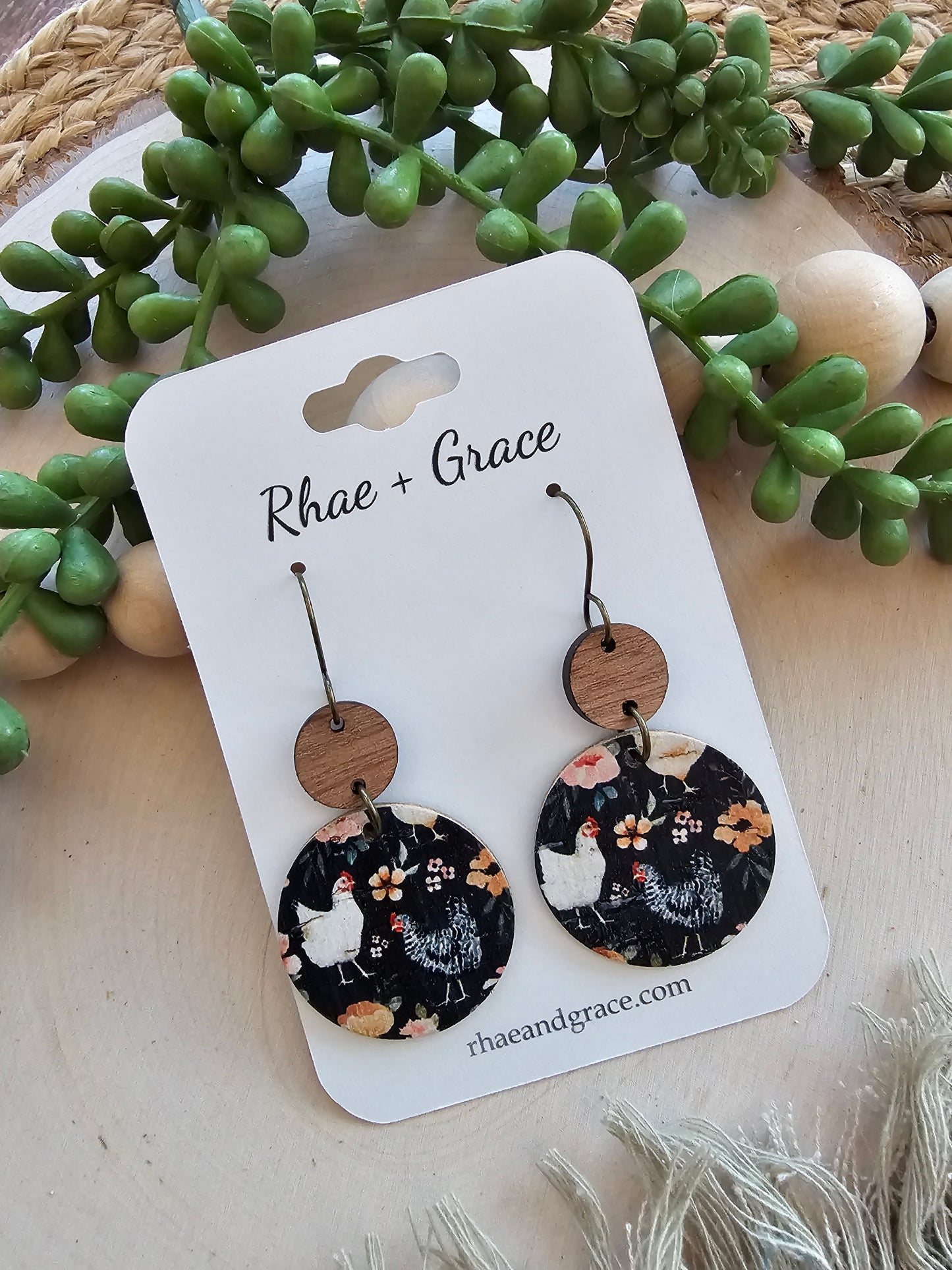 Floral Chicken Circle Drop Earrings