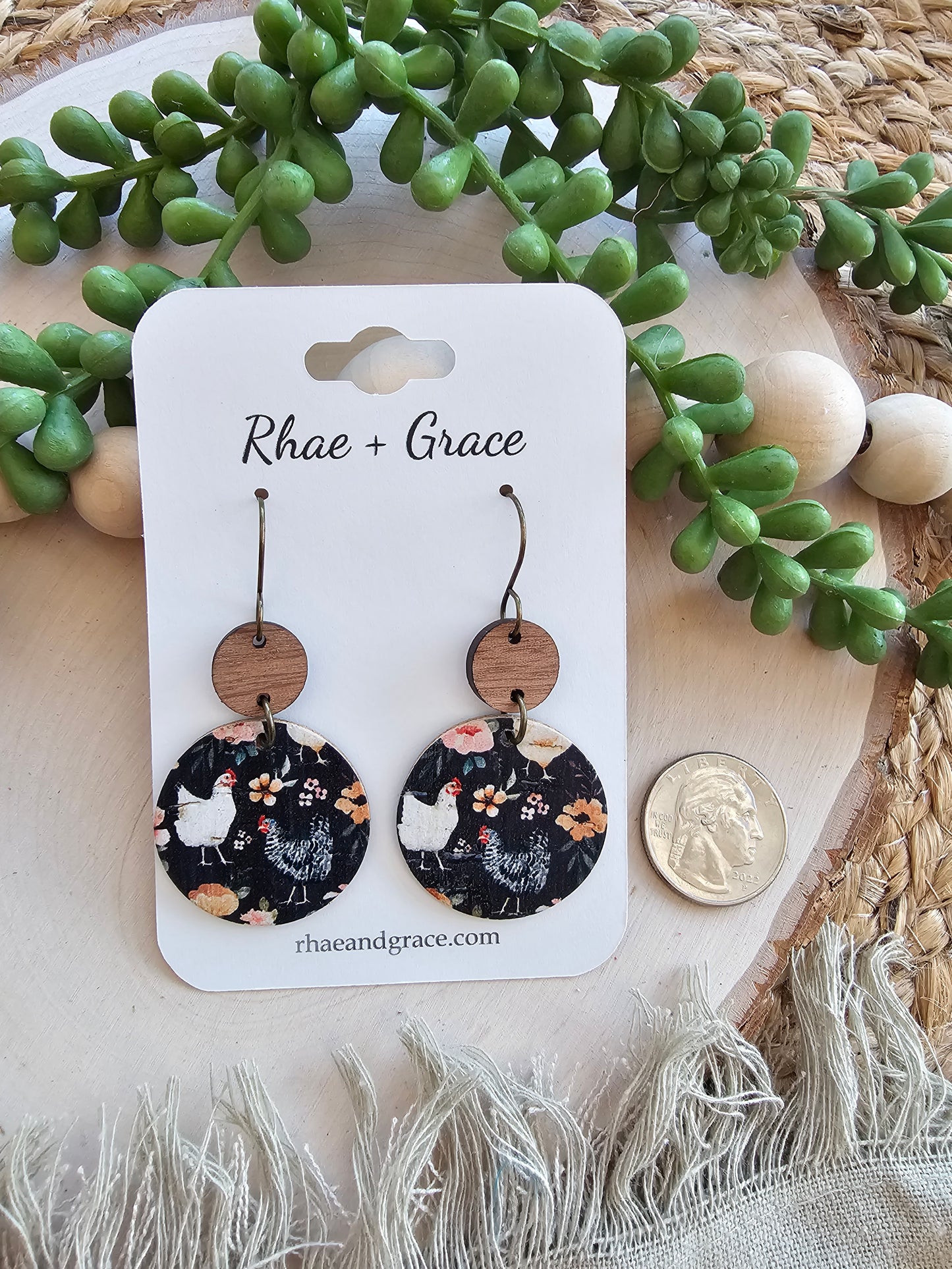 Floral Chicken Circle Drop Earrings