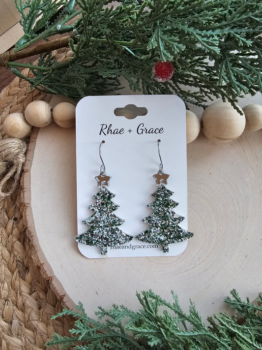 Green & Silver Glitter Christmas Tree Earrings