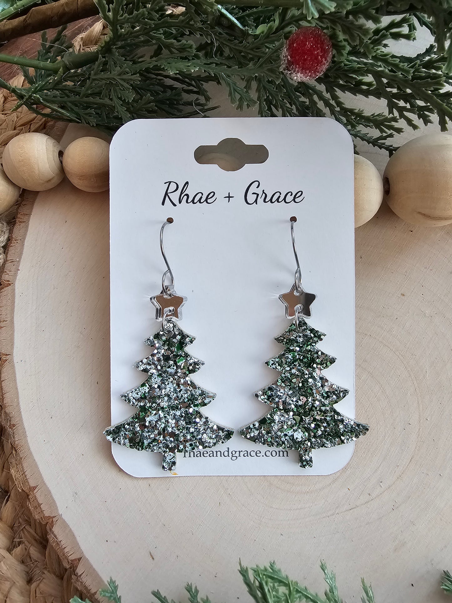 Green & Silver Glitter Christmas Tree Earrings