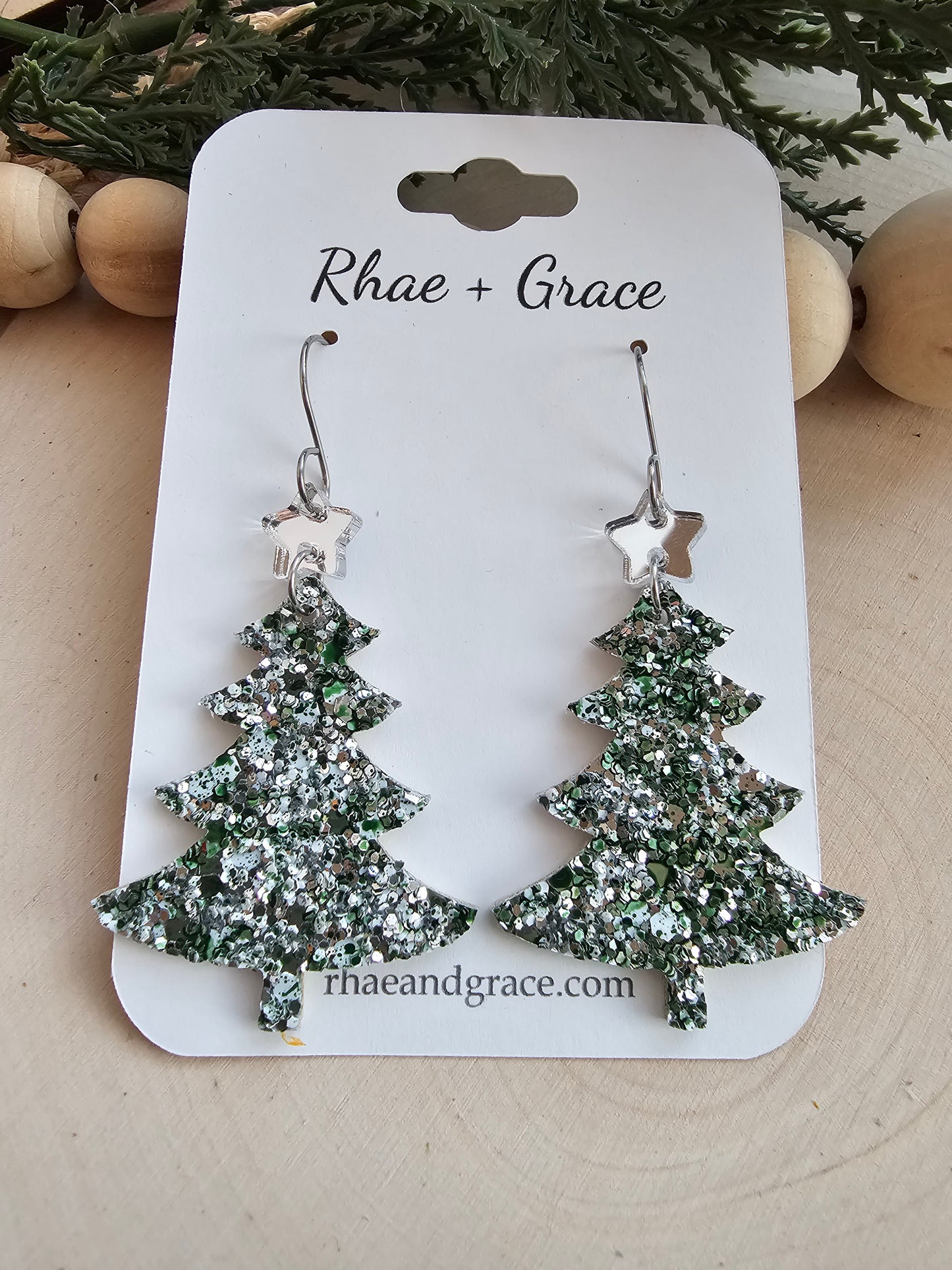 Green & Silver Glitter Christmas Tree Earrings