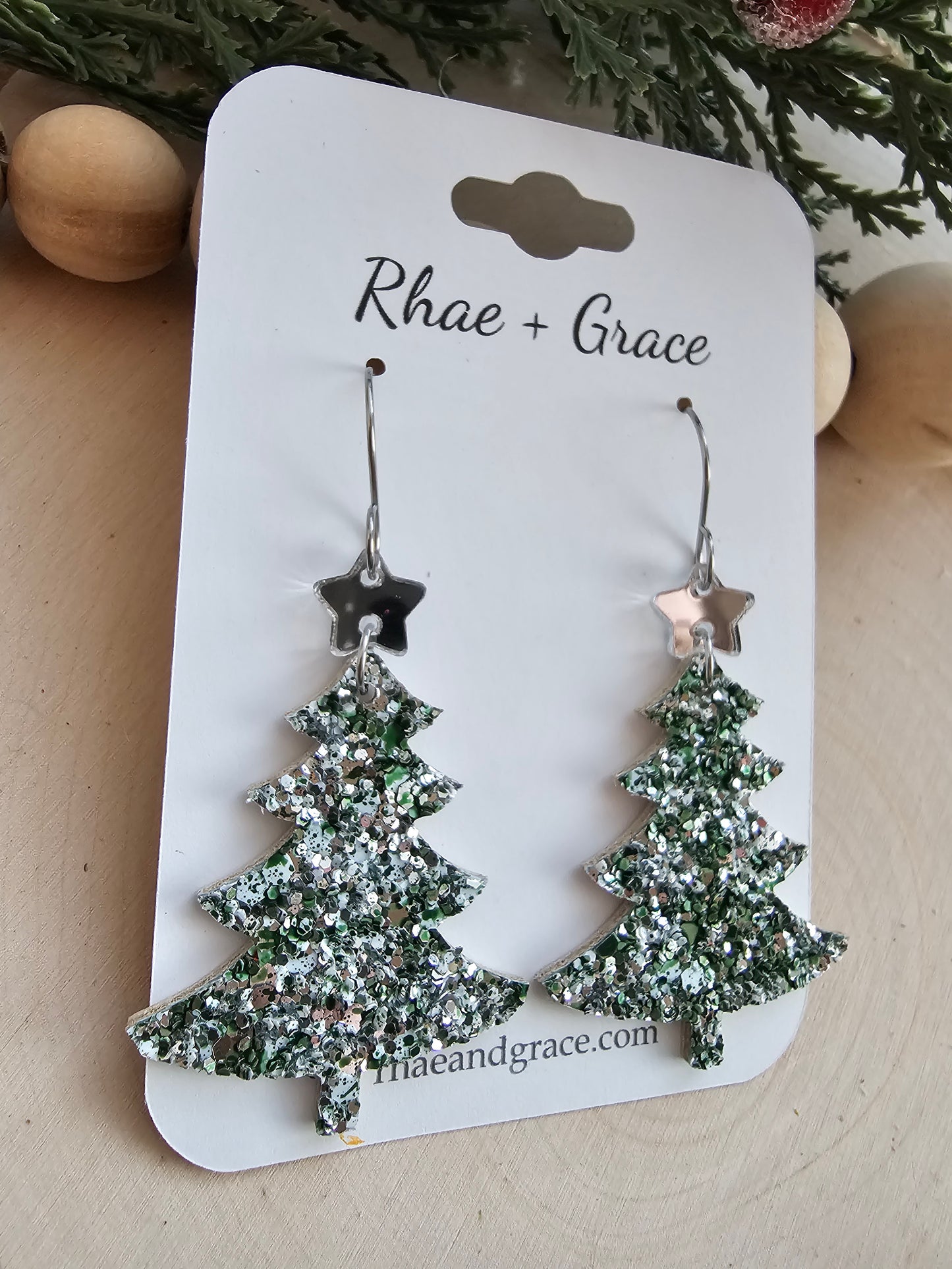 Green & Silver Glitter Christmas Tree Earrings