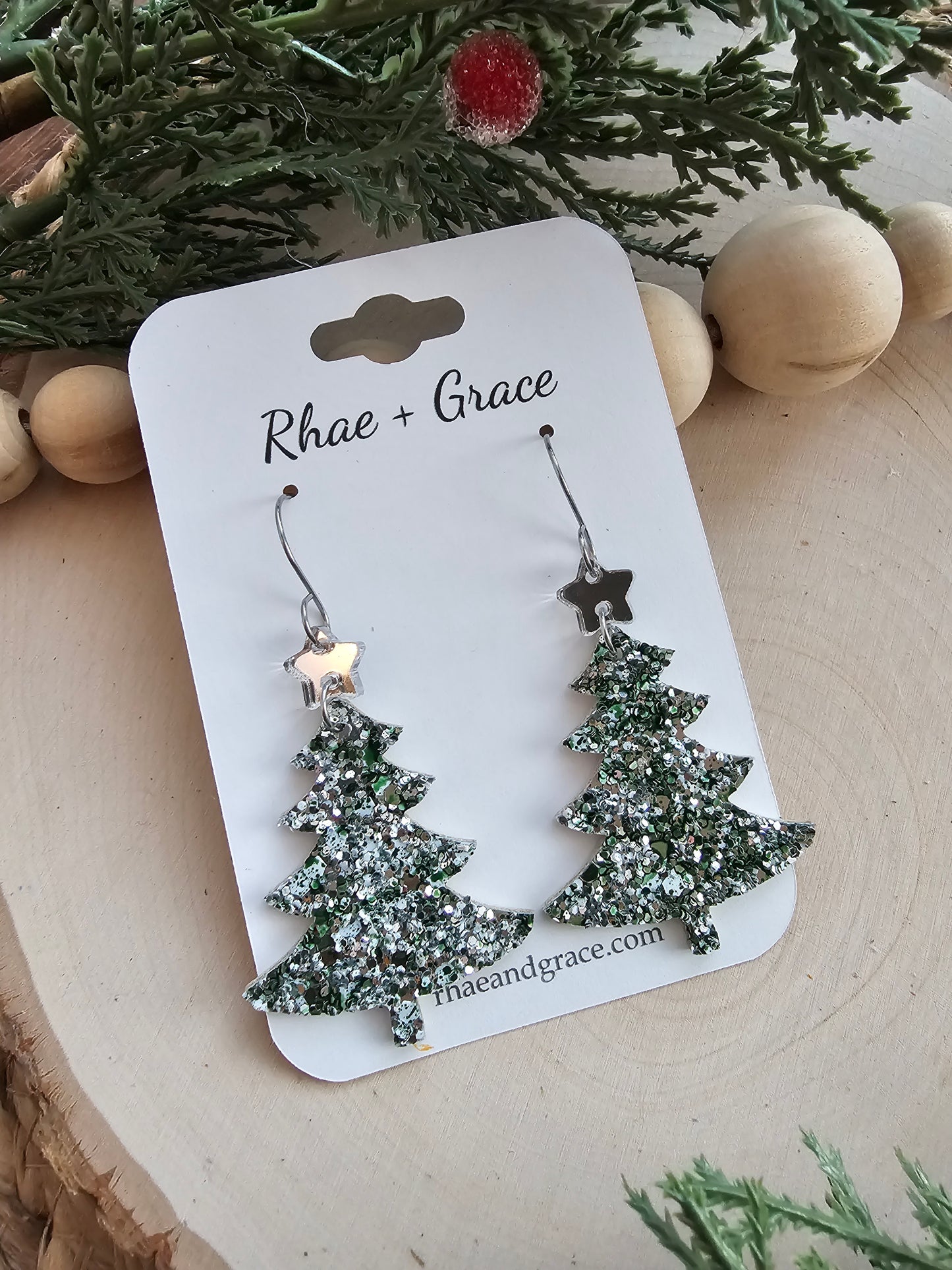 Green & Silver Glitter Christmas Tree Earrings