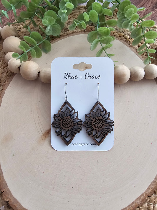 Wood Sunflower Cutout Earrings