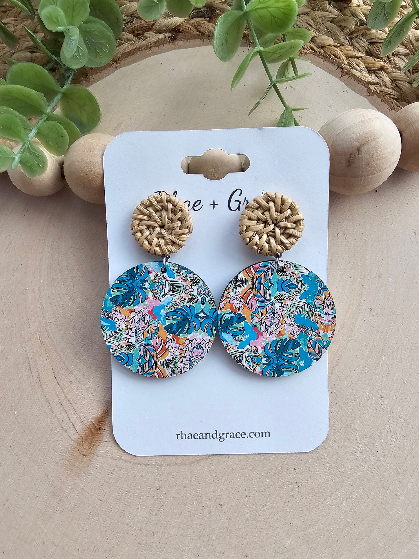 Tropical Wood Circle &  Rattan Earrings