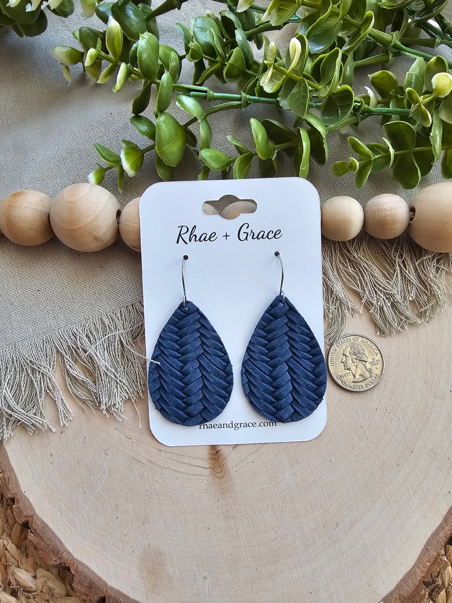 Navy Blue Braided Teardrop Earrings - Medium