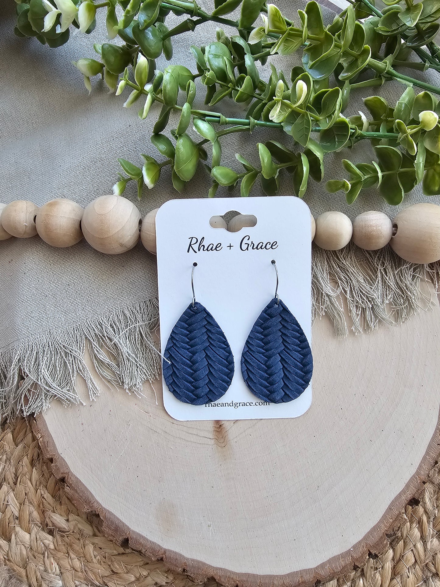 Navy Blue Braided Teardrop Earrings - Medium